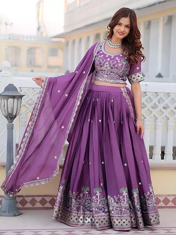 Exotic India Heavy Embroidery Sequins & Thread Work Designer Party Wear Lehenga Choli With Dupatta 
