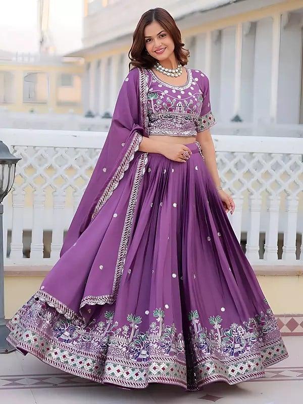 exotic india Heavy Embroidery Sequins & Thread Work Designer Party Wear Lehenga Choli With Dupatta 