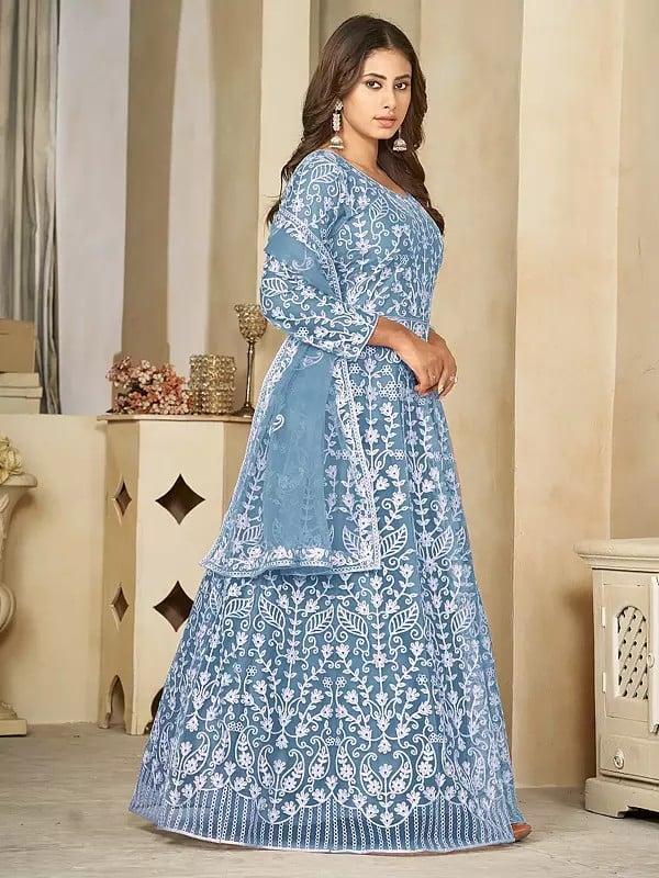 Exotic India Heavy Floral Embroidery All Over Elegant Net Anarkali Gown With Matching Dupatta