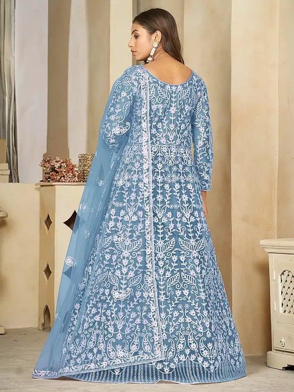 Exotic India Heavy Floral Embroidery All Over Elegant Net Anarkali Gown With Matching Dupatta