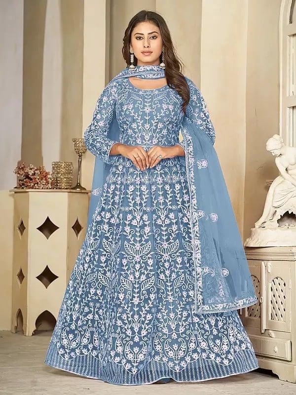 exotic india Heavy Floral Embroidery All Over Elegant Net Anarkali Gown With Matching Dupatta