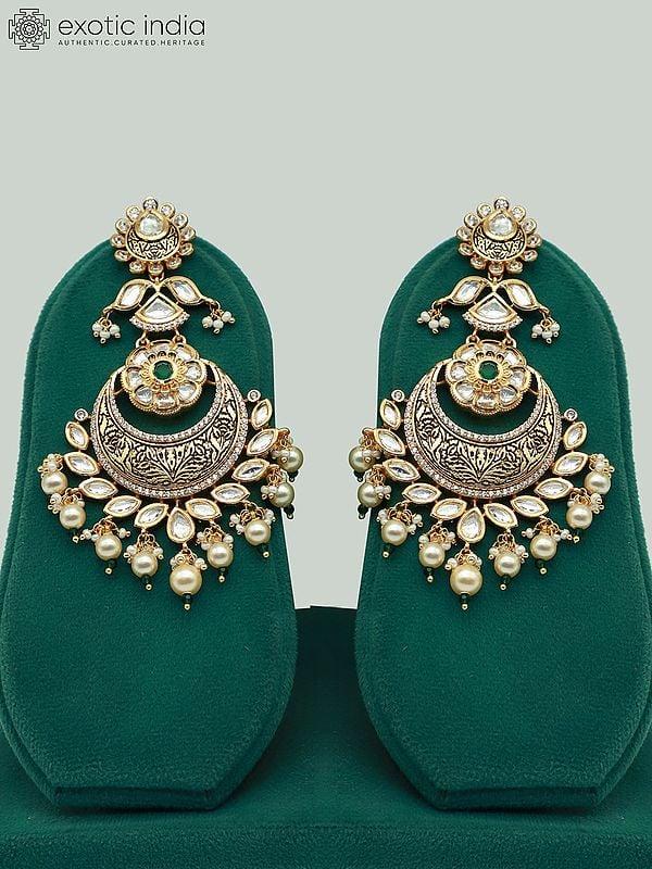 Exotic India Heavy Kundan Necklace Set With Mangtika And Dangling Pearl Earring