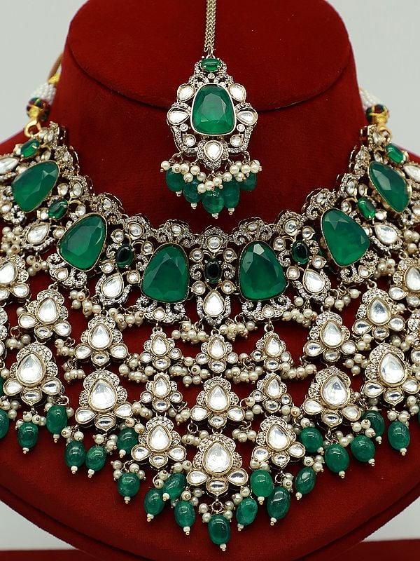 Exotic India Heavy Moissanite Kundan Necklace Set With Earrings And Mangtika For Bride
