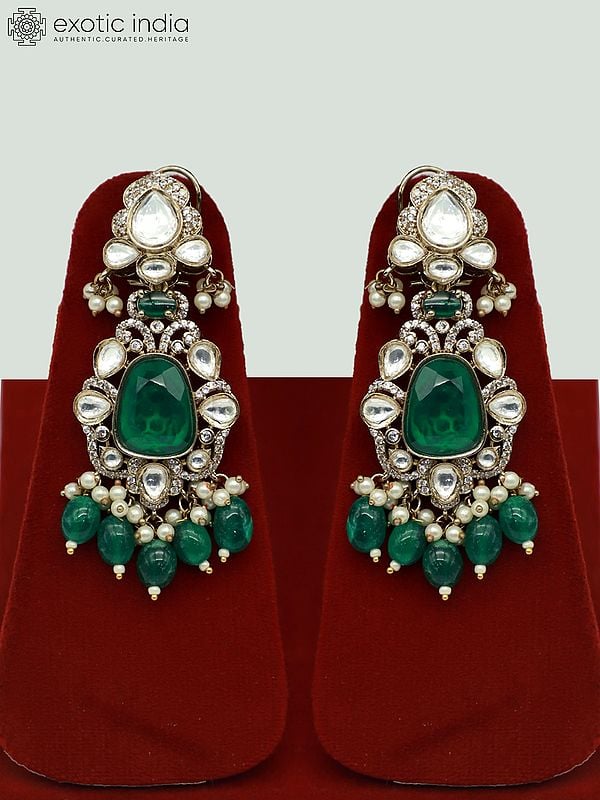 Exotic India Heavy Moissanite Kundan Necklace Set With Earrings And Mangtika For Bride