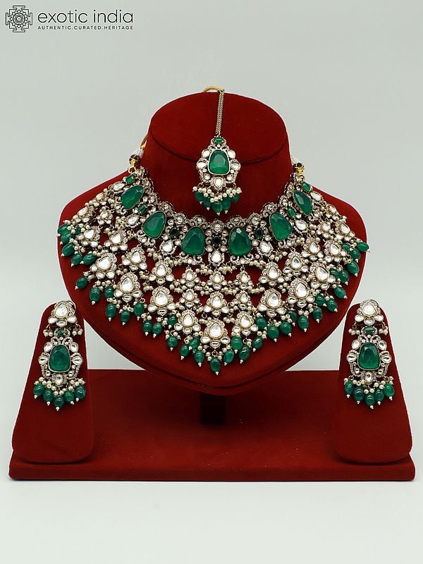 exotic india Heavy Moissanite Kundan Necklace Set With Earrings And Mangtika For Bride 