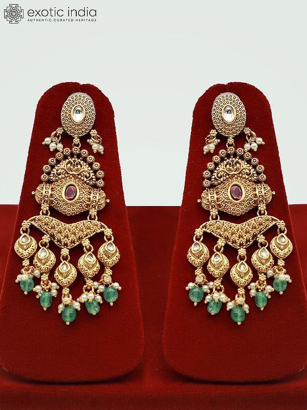 Exotic India Heavy Necklace Set With Hanging Beads And Earrings For Women