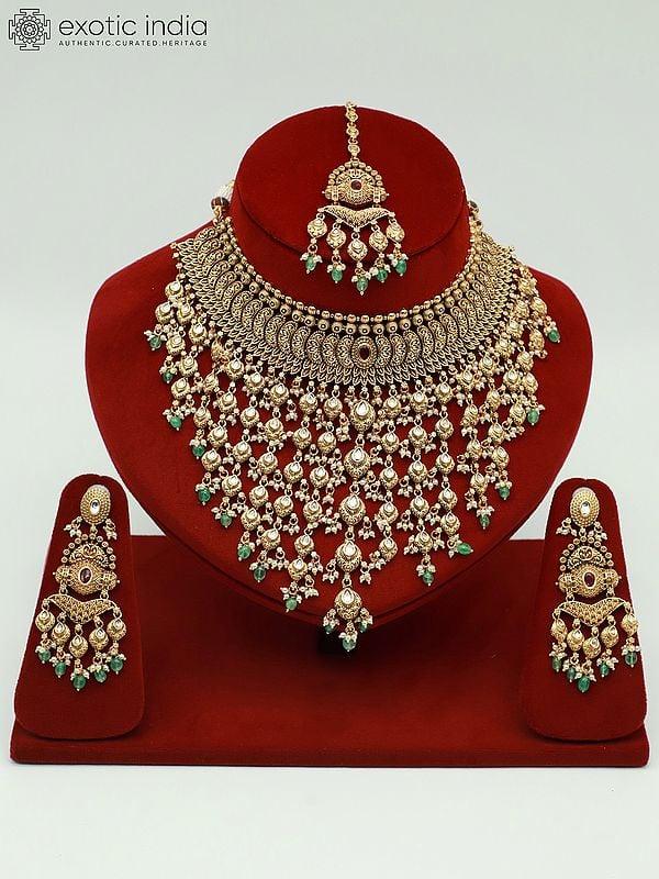 exotic india Heavy Necklace Set With Hanging Beads And Earrings For Women 