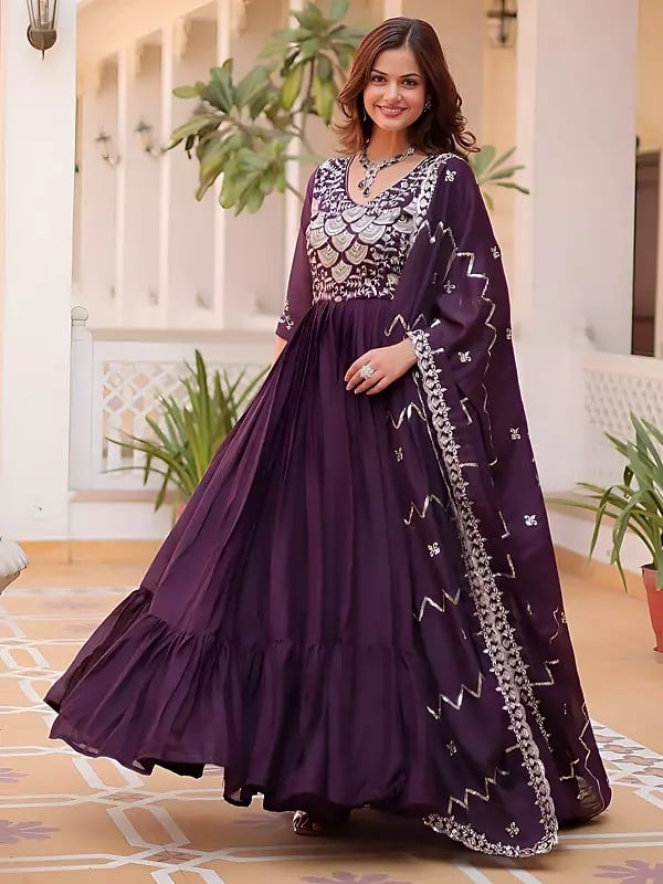 Exotic India Heavy Sequins And Embroidery Work Designer Party Wear Georgette Gown With Dupatta
