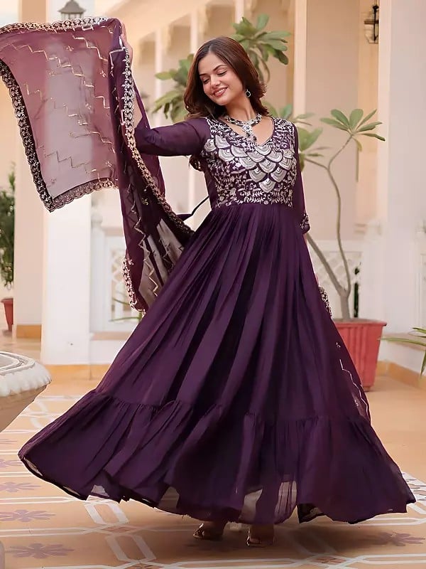 Exotic India Heavy Sequins And Embroidery Work Designer Party Wear Georgette Gown With Dupatta
