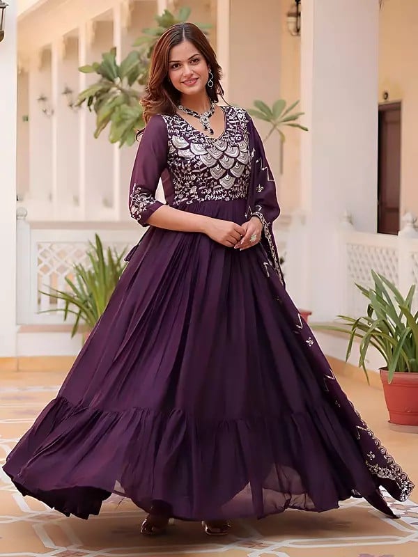 exotic india Heavy Sequins And Embroidery Work Designer Party Wear Georgette Gown With Dupatta