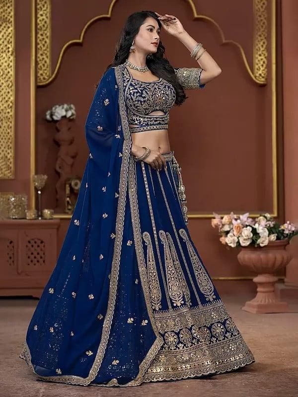 Exotic India Heavy Sequins And Thread Work Georgette Party Wear Lehenga Choli With Matching Dupatta 