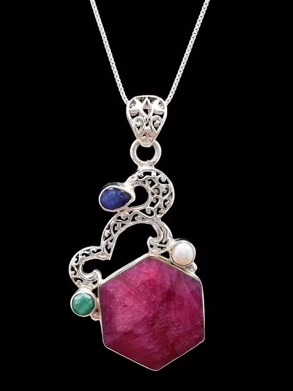 Exotic India Hexagon Shaped Ruby Pendant With Blue Sapphire And Emerald 