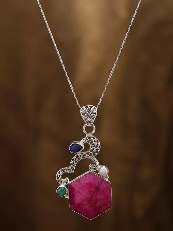 Exotic India Hexagon Shaped Ruby Pendant With Blue Sapphire And Emerald 