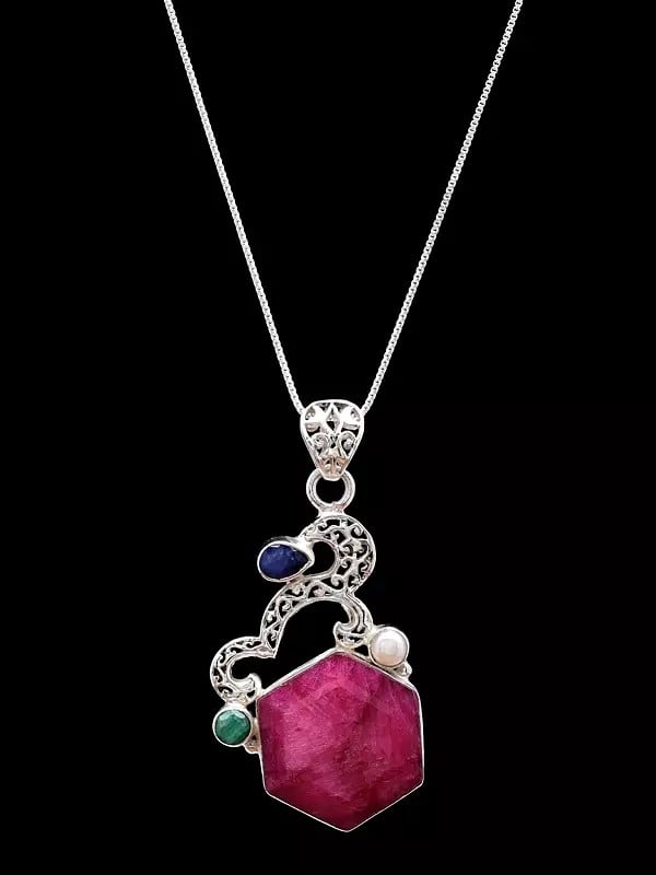 exotic india Hexagon Shaped Ruby Pendant with Blue Sapphire and Emerald 