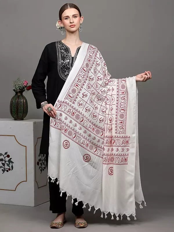 exotic india Hindu Dharma Prayer Shawl with Printed Om 