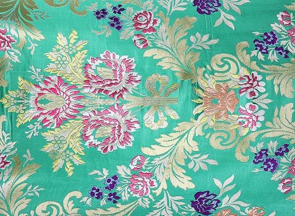 exotic india Holly-Green and Golden Kim-khwab Banarasi Handloom Silk Fabric from the House of Kasim 