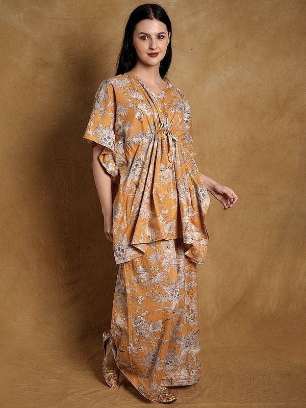 Exotic India Honey-Yellow Pure Cotton Kaftan Style Co-Ord Set With Floral Print 