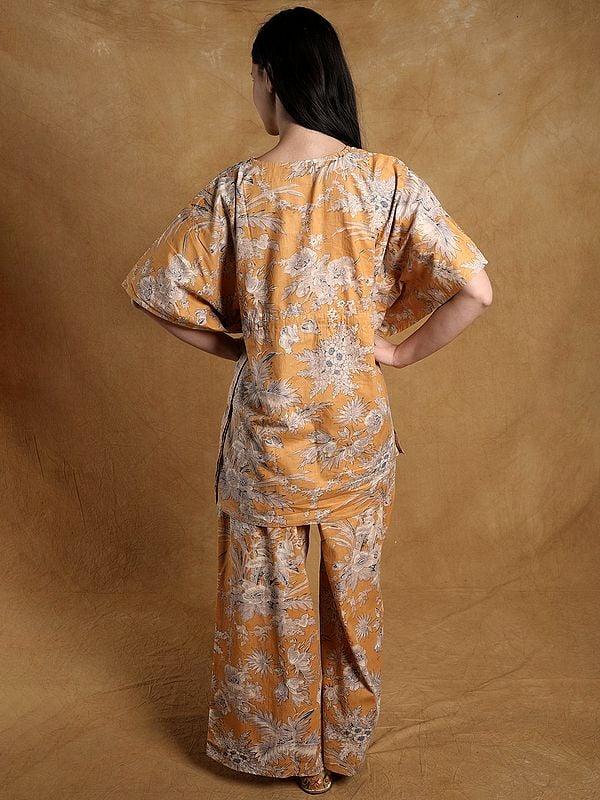 Exotic India Honey-Yellow Pure Cotton Kaftan Style Co-Ord Set With Floral Print 