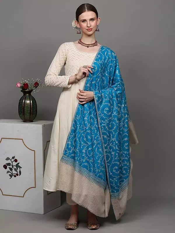 Exotic India Horizon-Blue Jaldaar Sozni Embroidered Pure Pashmina Shawl With Stripe Border 
