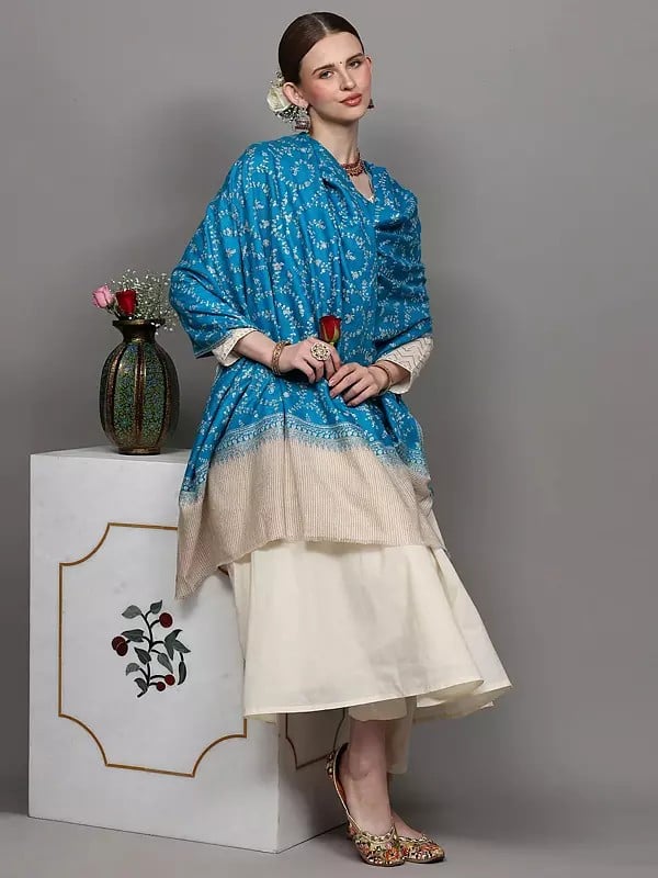 Exotic India Horizon-Blue Jaldaar Sozni Embroidered Pure Pashmina Shawl With Stripe Border 