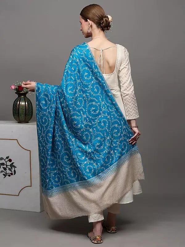Exotic India Horizon-Blue Jaldaar Sozni Embroidered Pure Pashmina Shawl With Stripe Border 