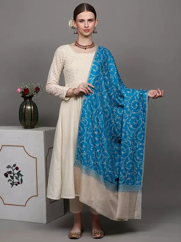 exotic india Horizon-Blue Jaldaar Sozni Embroidered Pure Pashmina Shawl with Stripe Border 