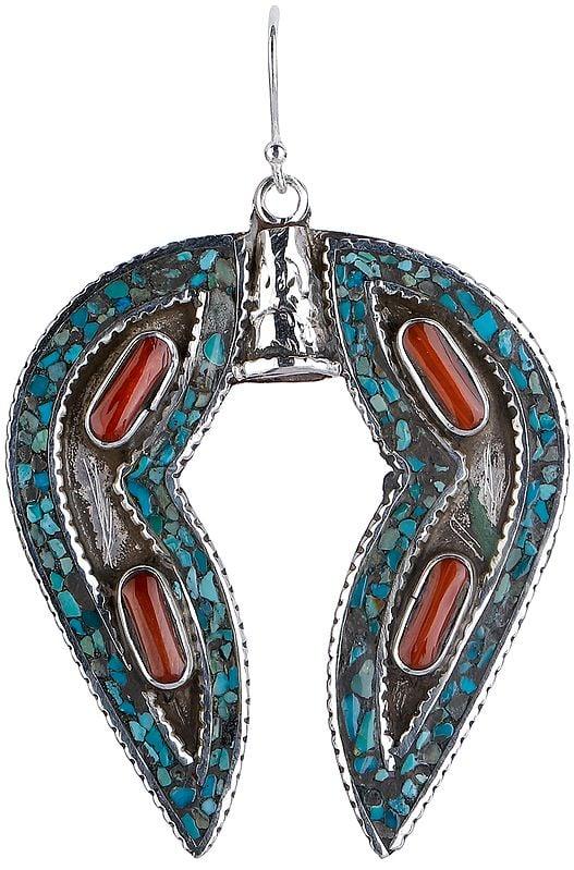 Exotic India Horse-Shoe Shaped Earrings With Coral And Turquoise 