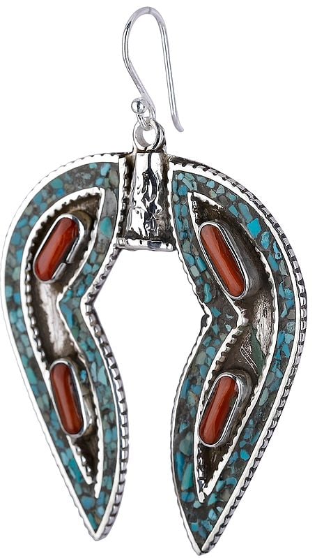 Exotic India Horse-Shoe Shaped Earrings With Coral And Turquoise 