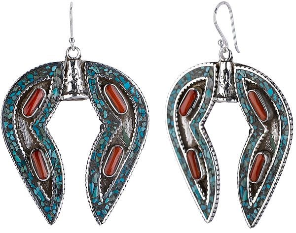 exotic india Horse-Shoe Shaped Earrings with Coral and Turquoise 