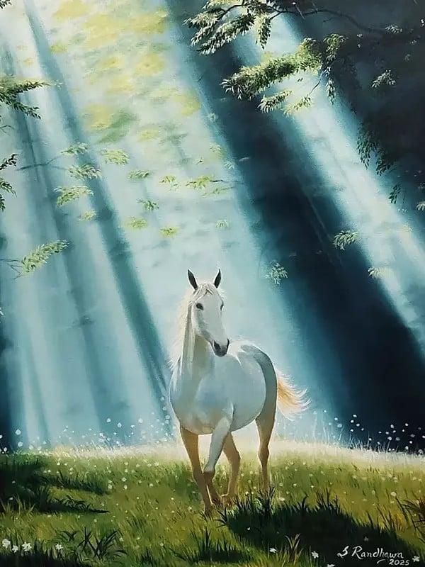 Exotic India Horse Under Forest Sunrays | Oil On Canvas | By Sandeep Singh Randhawa 
