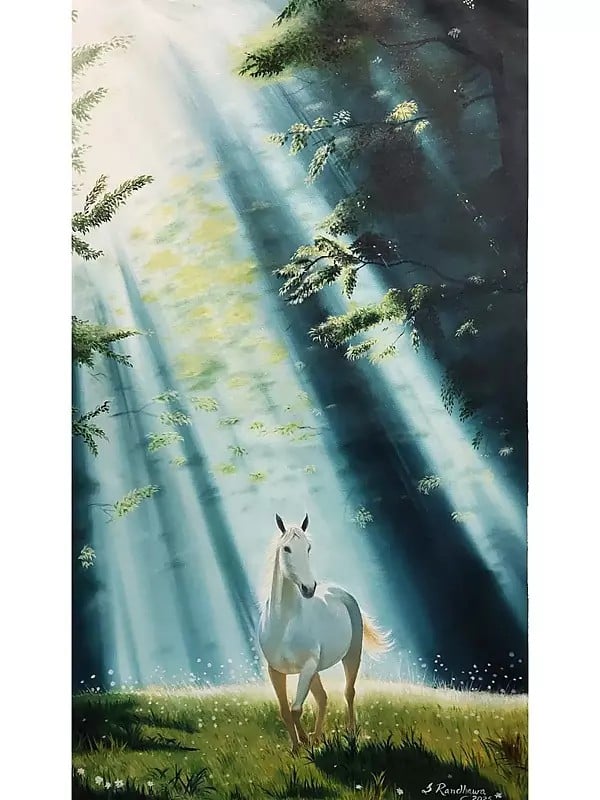 exotic india Horse Under Forest Sunrays | Oil On Canvas | By Sandeep Singh Randhawa 