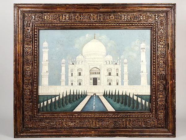 exotic india Huge Taj Mahal Painting Framed in Vintage Teak Frame 