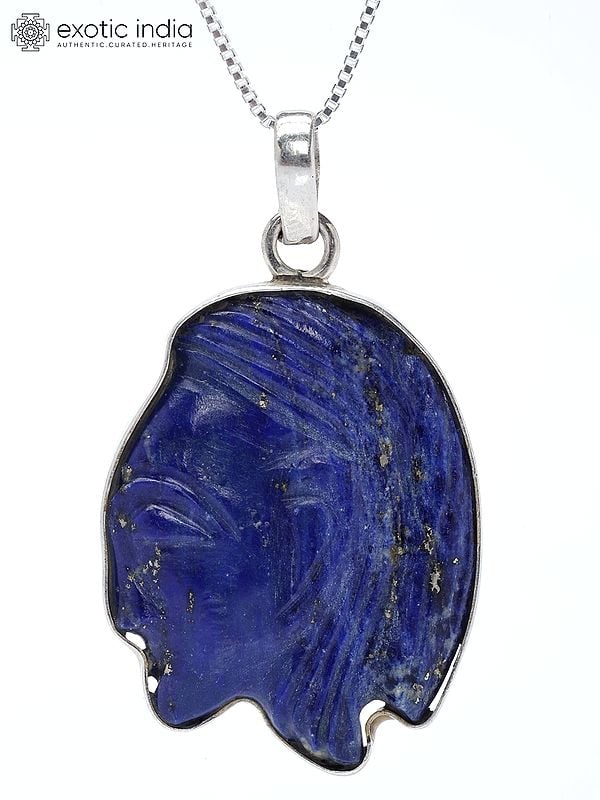 Exotic India Human Side Face Carved Lapis Lazuli Pendant 