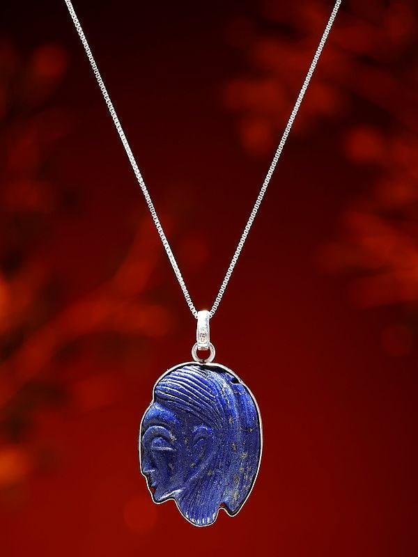 Exotic India Human Side Face Carved Lapis Lazuli Pendant 