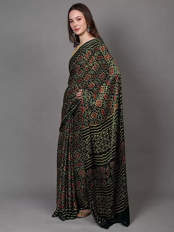 Exotic India Hunter-Green Silk Saree With Bagru Block Printed Floral Motifs From Madhya Pradesh 