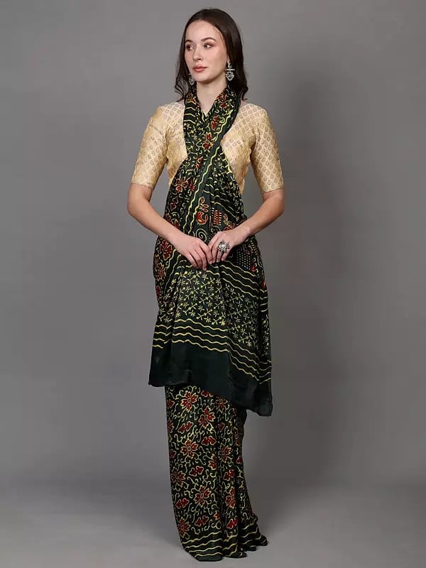 Exotic India Hunter-Green Silk Saree With Bagru Block Printed Floral Motifs From Madhya Pradesh 