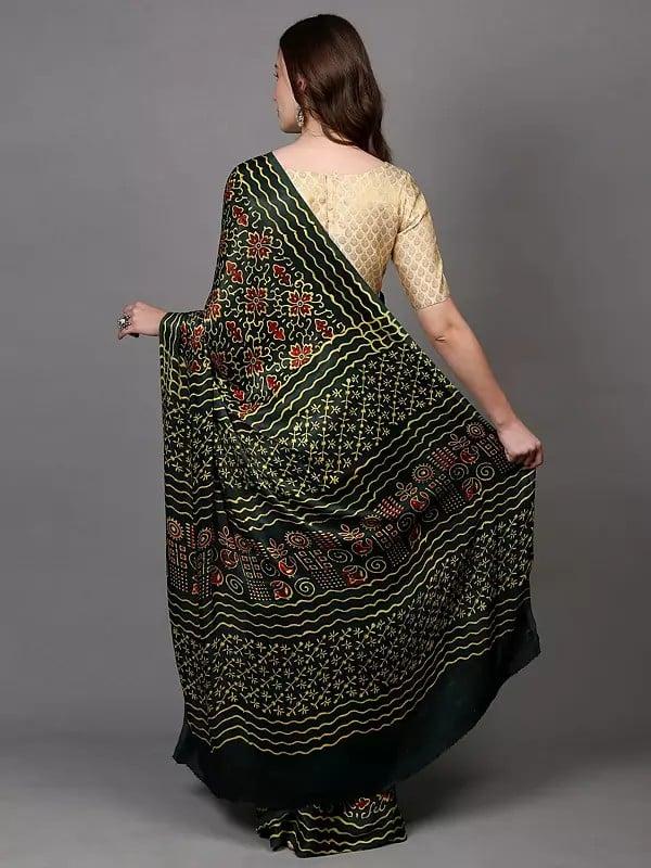 Exotic India Hunter-Green Silk Saree With Bagru Block Printed Floral Motifs From Madhya Pradesh 