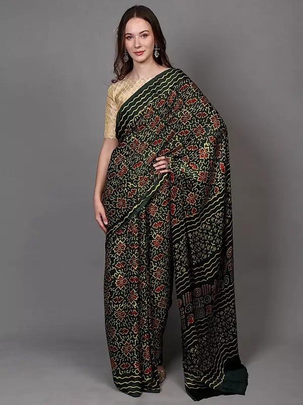exotic india Hunter-Green Silk Saree with Bagru Block Printed Floral Motifs from Madhya Pradesh 