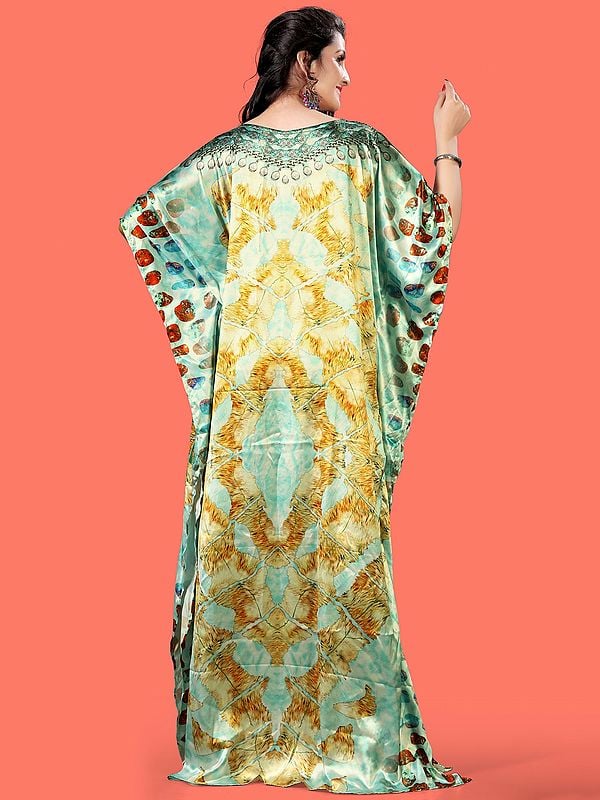 Exotic India Ice-Castle Printed Long Kaftan With Stone Work 
