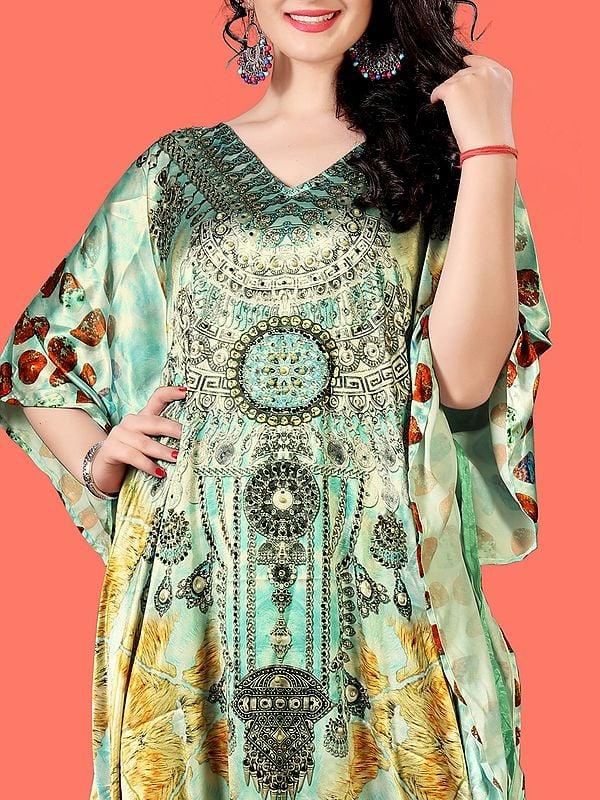 Exotic India Ice-Castle Printed Long Kaftan With Stone Work 