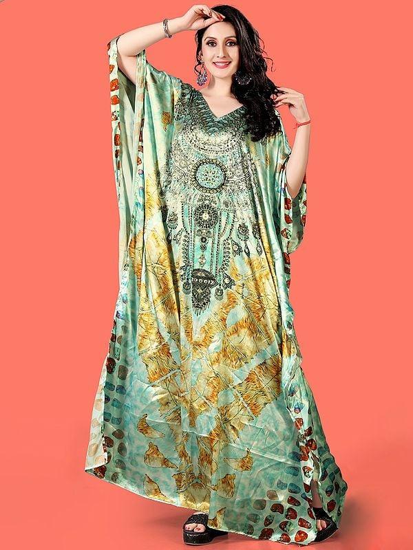 exotic india Ice-Castle Printed Long Kaftan with Stone work 