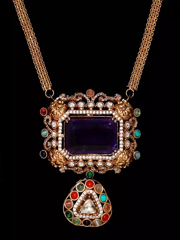 Exotic India Imitation Purple Stone Studded Textured Chain Long Necklace Set With Earrings 