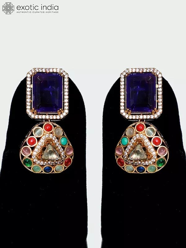 Exotic India Imitation Purple Stone Studded Textured Chain Long Necklace Set With Earrings 