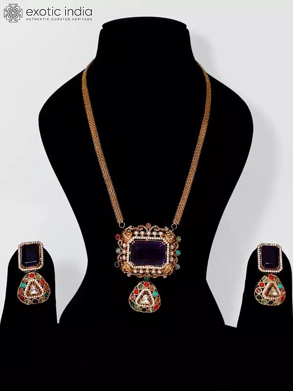 exotic india Imitation Purple Stone Studded Textured Chain Long Necklace Set With Earrings 