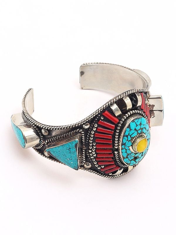 Exotic India Imitation Turquoise And Coral Tibetan Style Cuff Bracelet 