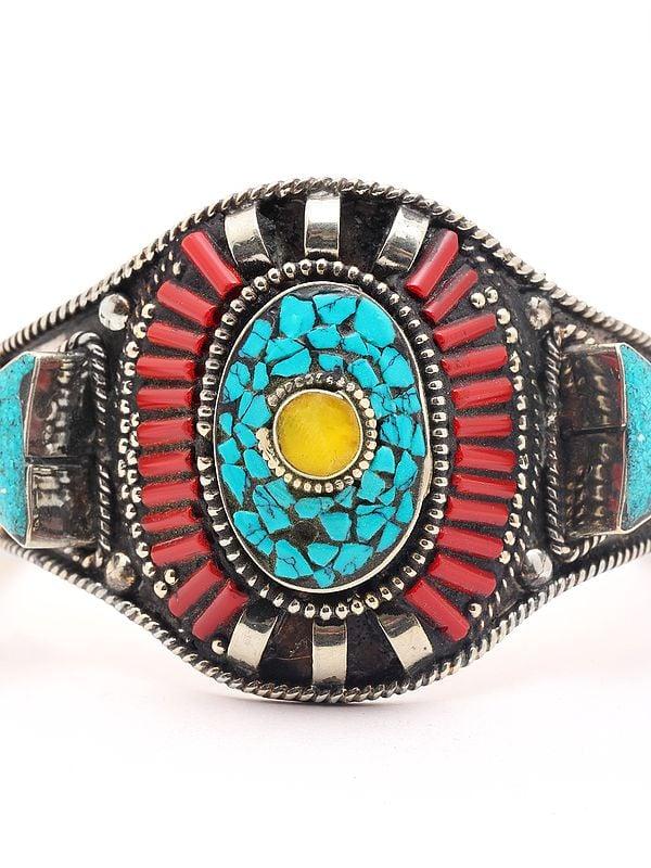 Exotic India Imitation Turquoise And Coral Tibetan Style Cuff Bracelet 