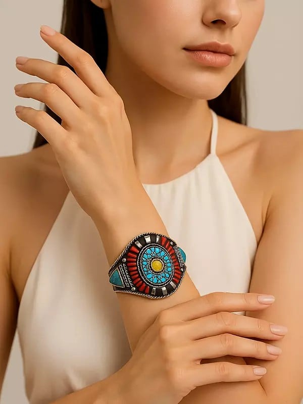 Exotic India Imitation Turquoise And Coral Tibetan Style Cuff Bracelet 