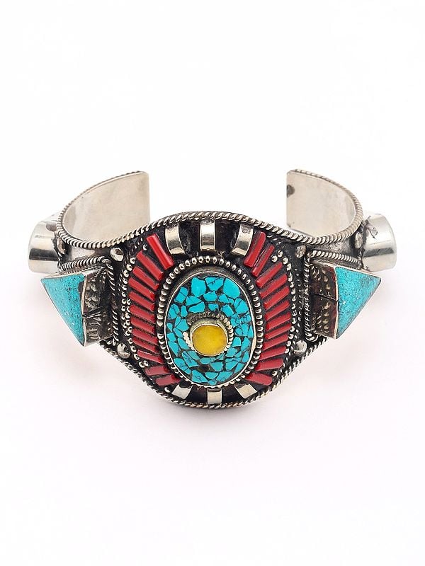 exotic india Imitation Turquoise and Coral Tibetan Style Cuff Bracelet 