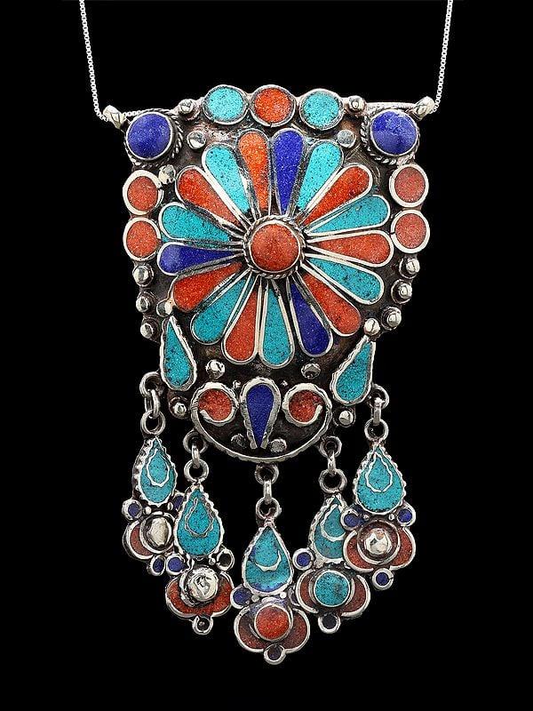 Exotic India Imitation Turquoise Coral And Lapis Lazuli Studded Tibetan Style Pendant 