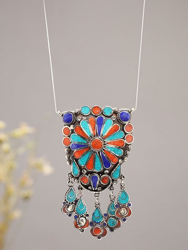 Exotic India Imitation Turquoise Coral And Lapis Lazuli Studded Tibetan Style Pendant 